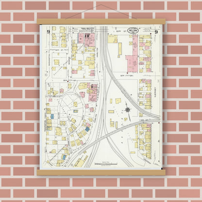Old map wall art mockup — magnetic wood frame on brick wall — Sanborn Fire Insurance Map from Bellaire, Belmont County, Ohio (1924), Sheet #0009