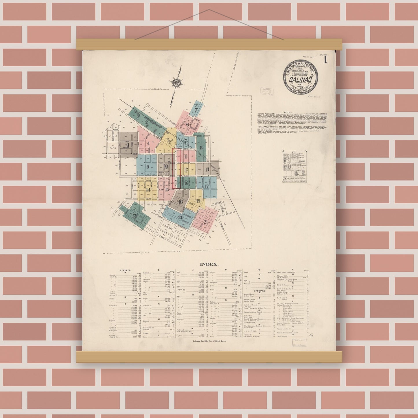 Old map wall art mockup — magnetic wood frame on brick wall — Sanborn Fire Insurance Map from Salinas, Monterey County, California (1913) - Complete Map Set