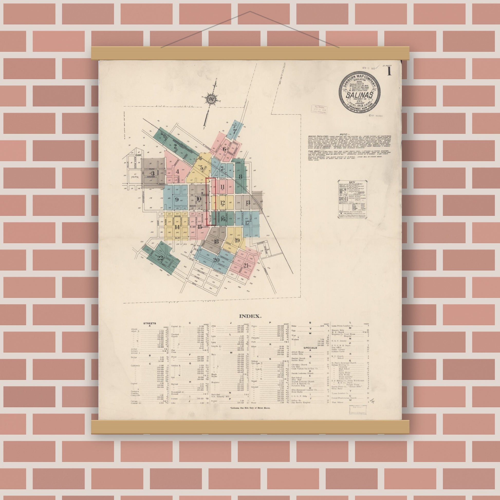 Old map wall art mockup — magnetic wood frame on brick wall — Sanborn Fire Insurance Map from Salinas, Monterey County, California (1913) - Complete Map Set