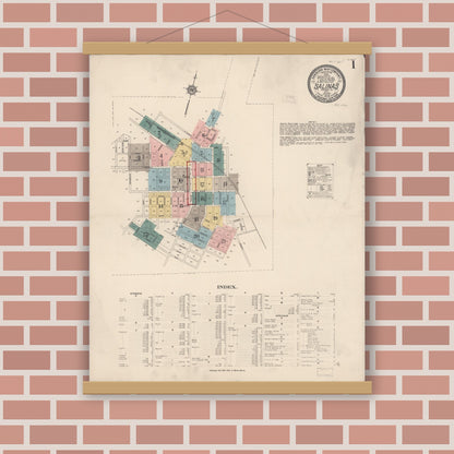 Old map wall art mockup — magnetic wood frame on brick wall — Sanborn Fire Insurance Map from Salinas, Monterey County, California (1913) - Complete Map Set