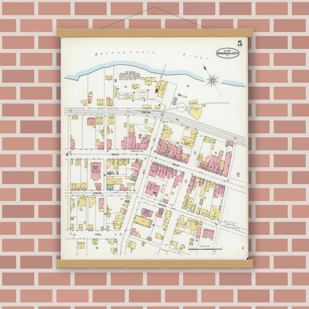 Old map wall art mockup — magnetic wood frame on brick wall — Sanborn Fire Insurance Map from Monongahela City, Washington County, Pennsylvania (1900), Sheet #0005