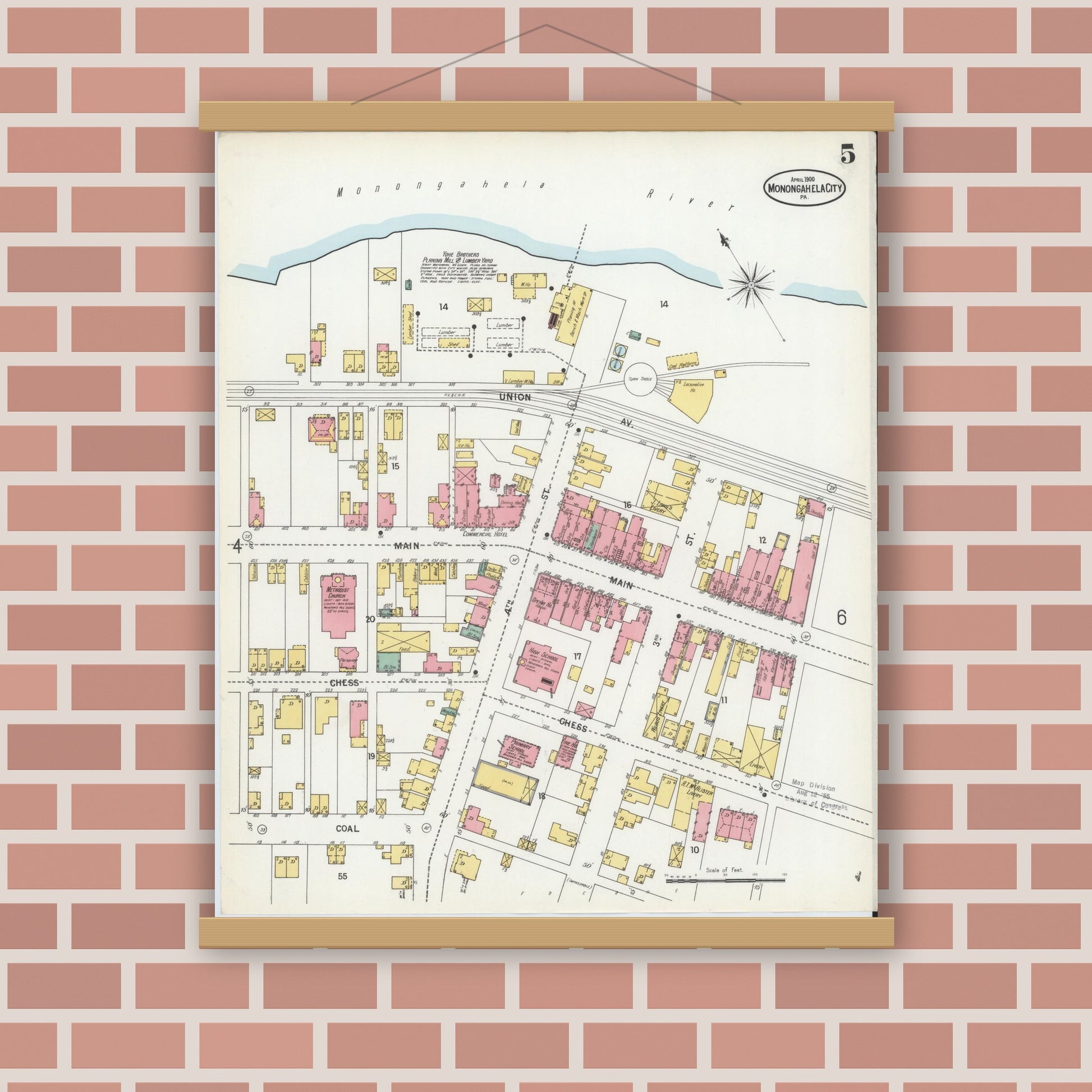 Old map wall art mockup — magnetic wood frame on brick wall — Sanborn Fire Insurance Map from Monongahela City, Washington County, Pennsylvania (1900), Sheet #0005