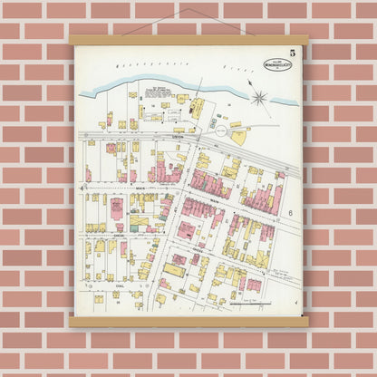Old map wall art mockup — magnetic wood frame on brick wall — Sanborn Fire Insurance Map from Monongahela City, Washington County, Pennsylvania (1900), Sheet #0005
