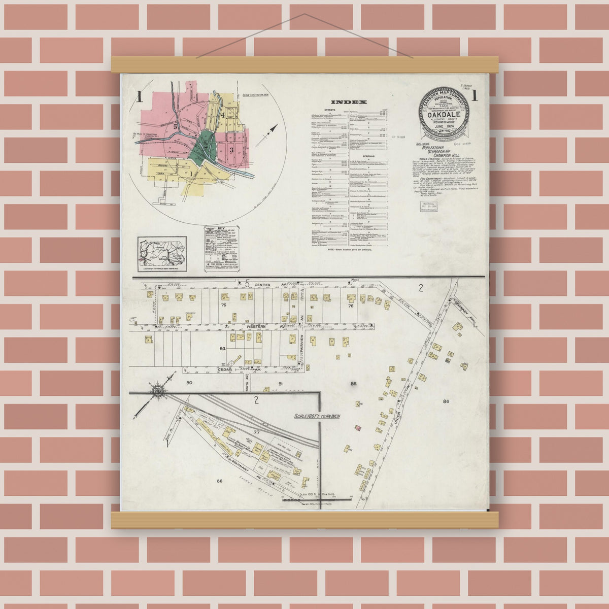 Old map wall art mockup — magnetic wood frame on brick wall — Sanborn Fire Insurance Map from Oakdale, Allegheny County, Pennsylvania (1924) - Complete Map Set