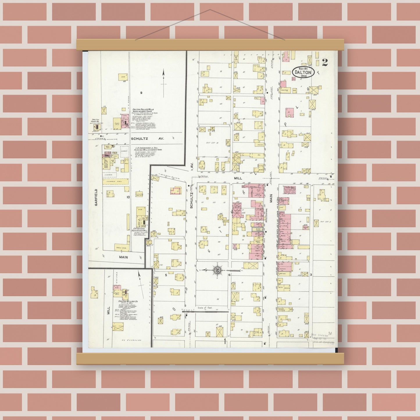 Old map wall art mockup — magnetic wood frame on brick wall — Sanborn Fire Insurance Map from Dalton, Wayne County, Ohio (1911), Sheet #0002