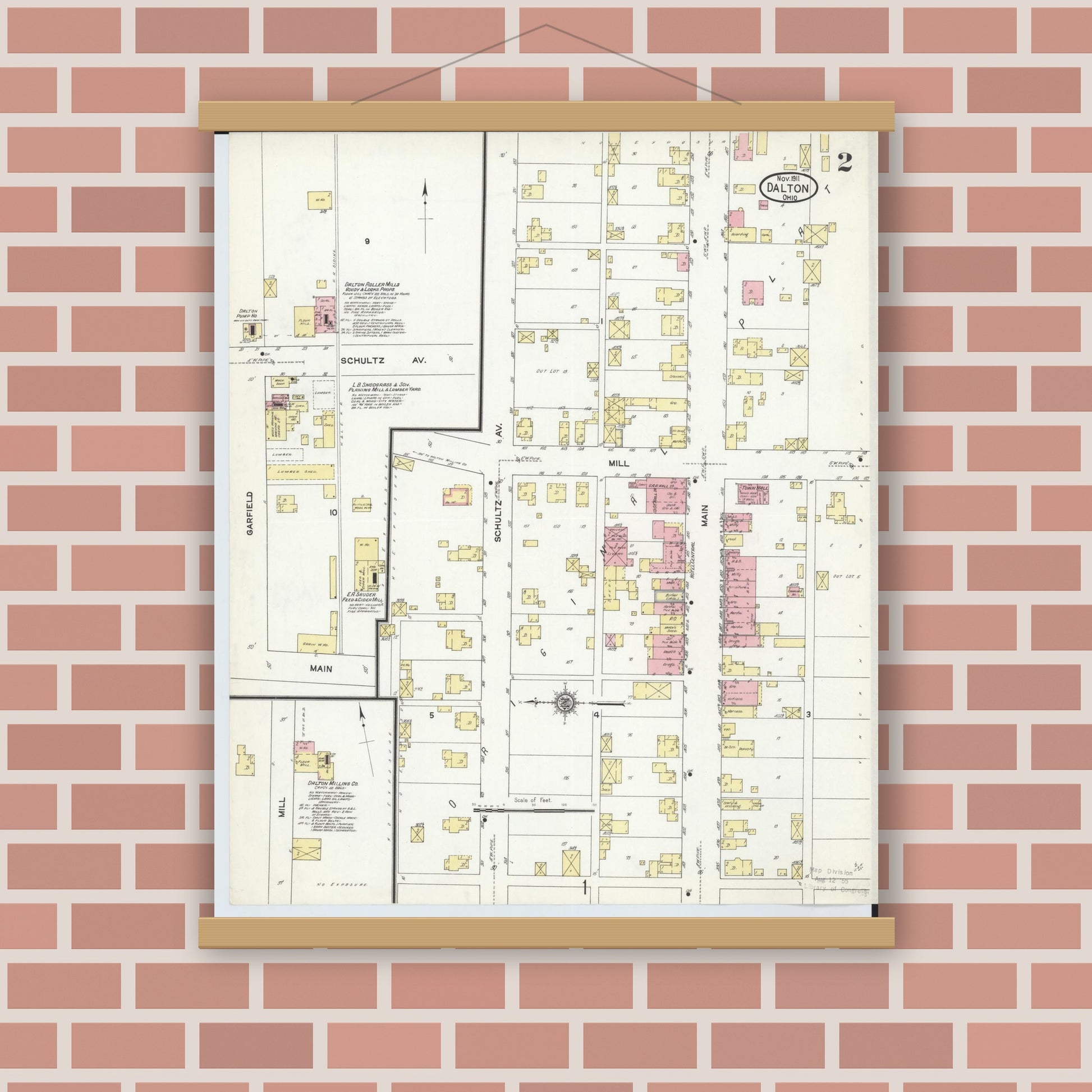 Old map wall art mockup — magnetic wood frame on brick wall — Sanborn Fire Insurance Map from Dalton, Wayne County, Ohio (1911), Sheet #0002