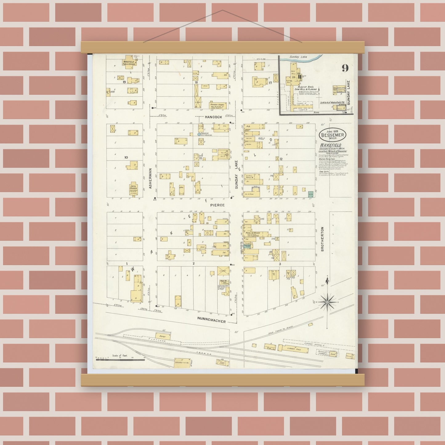Old map wall art mockup — magnetic wood frame on brick wall — Sanborn Fire Insurance Map from Bessemer, Gogebic County, Michigan (1908), Sheet #0009