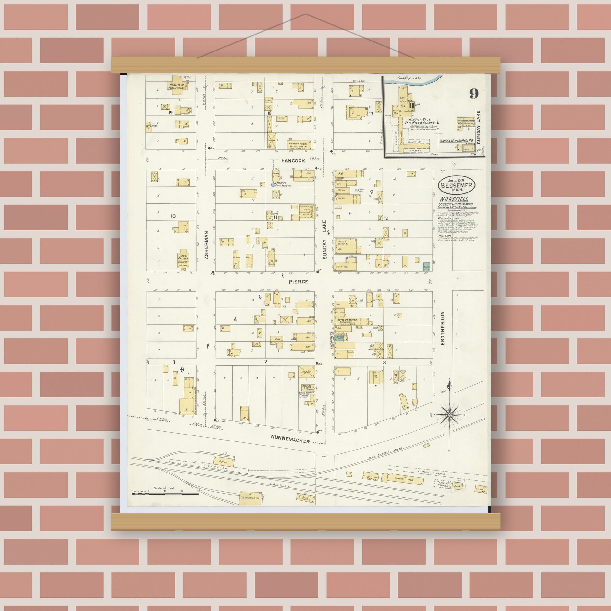 Old map wall art mockup — magnetic wood frame on brick wall — Sanborn Fire Insurance Map from Bessemer, Gogebic County, Michigan (1908), Sheet #0009