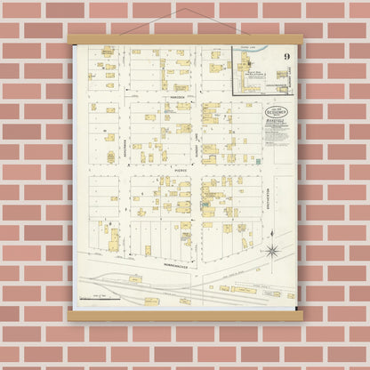 Old map wall art mockup — magnetic wood frame on brick wall — Sanborn Fire Insurance Map from Bessemer, Gogebic County, Michigan (1908), Sheet #0009