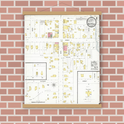 Old map wall art mockup — magnetic wood frame on brick wall — Sanborn Fire Insurance Map from West Branch, Cedar County, Iowa (1900) â€” Complete Set