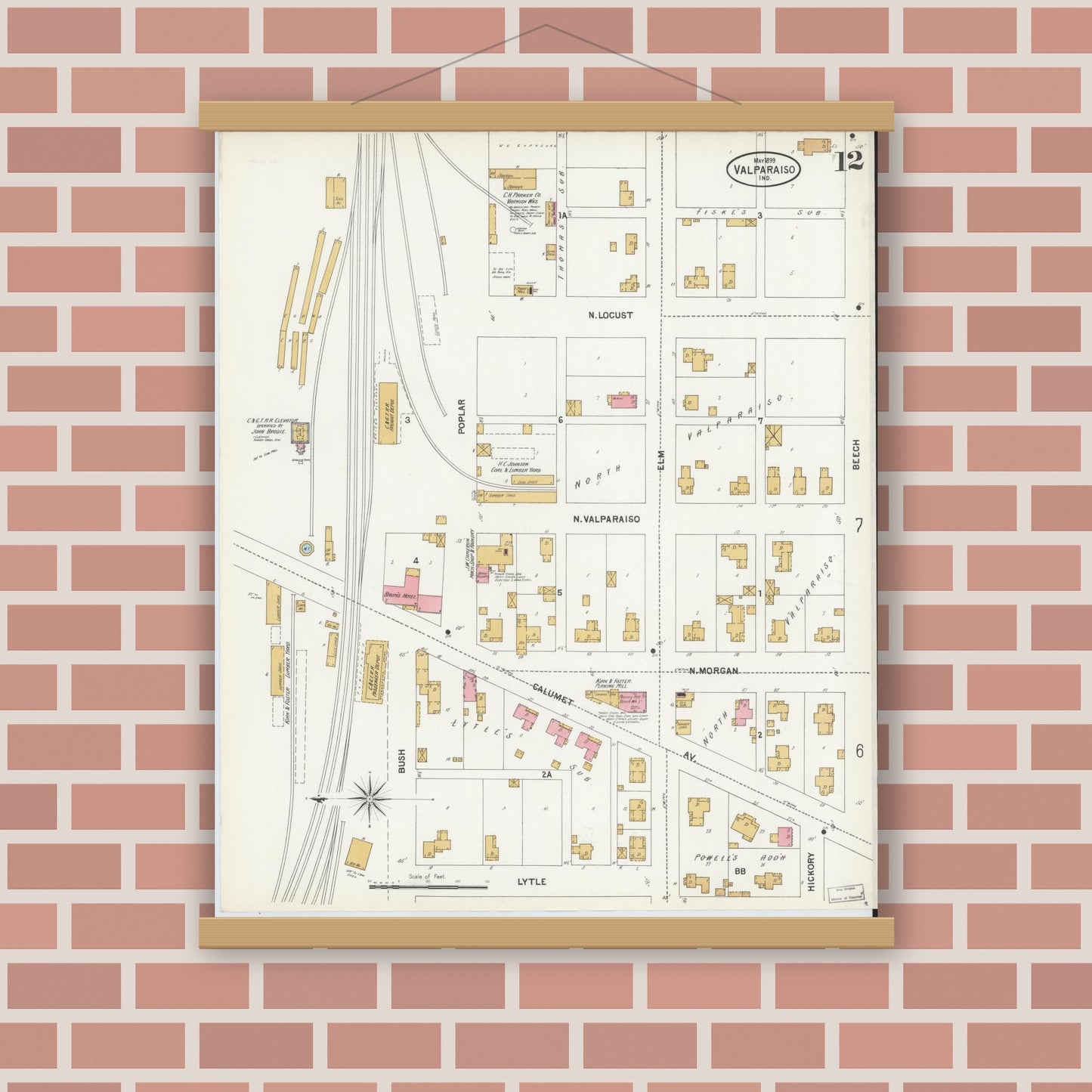 Old map wall art mockup — magnetic wood frame on brick wall — Sanborn Fire Insurance Map from Valparaiso, Porter County, Indiana (1899), Sheet #0012