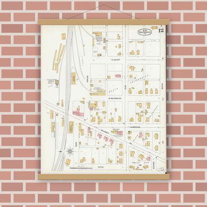 Old map wall art mockup — magnetic wood frame on brick wall — Sanborn Fire Insurance Map from Valparaiso, Porter County, Indiana (1899), Sheet #0012