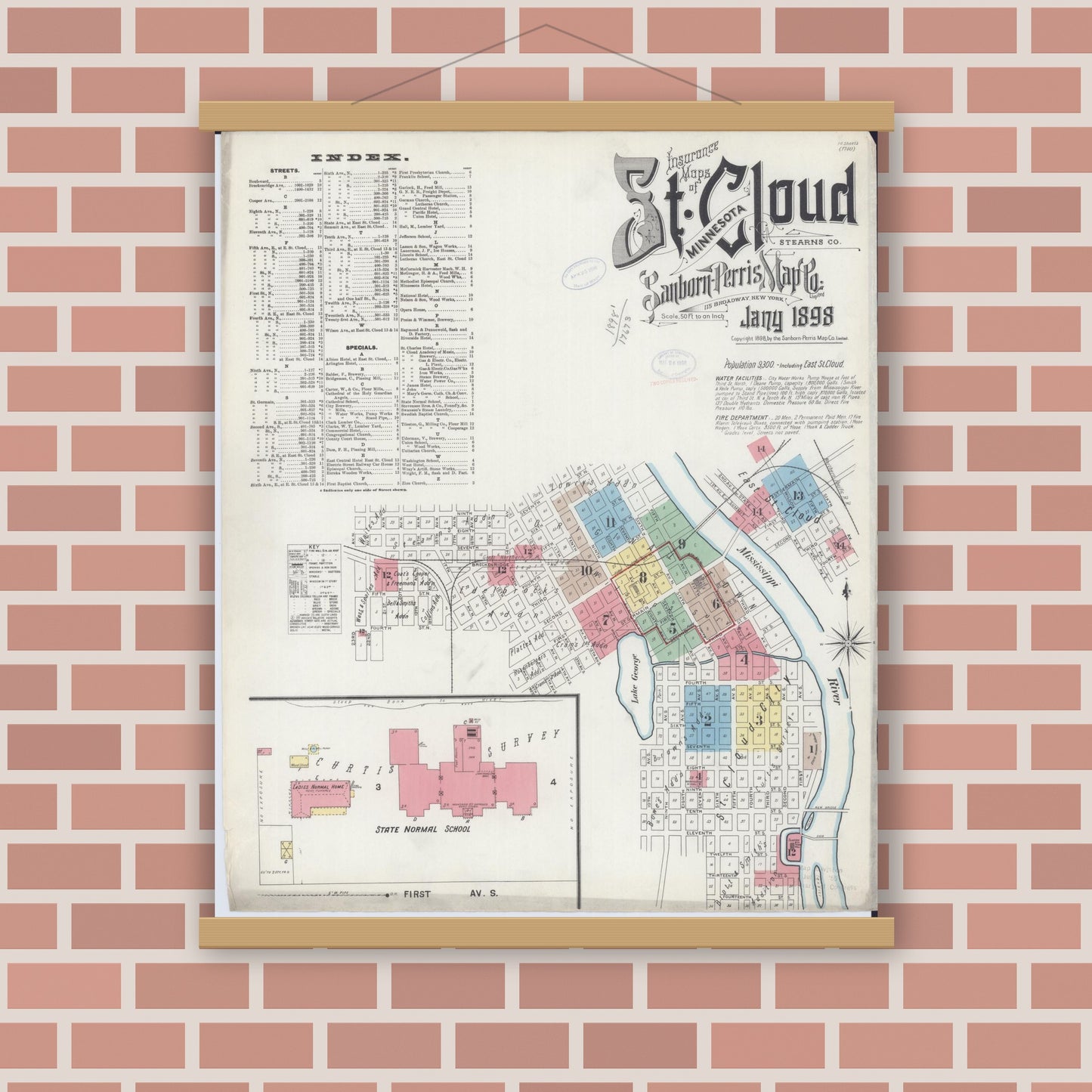 Old map wall art mockup — magnetic wood frame on brick wall — Sanborn Fire Insurance Map from Saint Cloud, Stearns, Benton, and Sherburne Counties, Minnesota (1898) - Complete Map Set