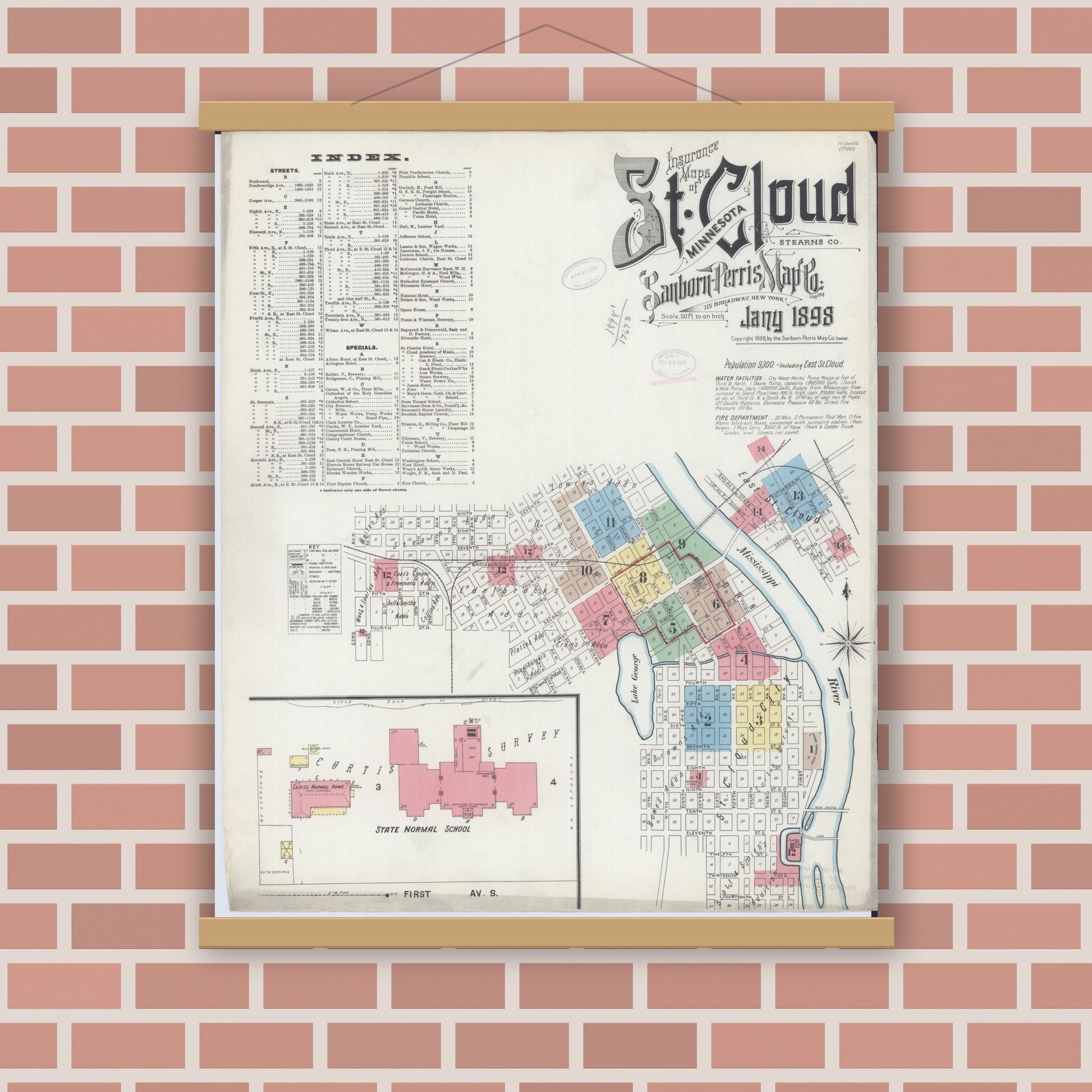 Old map wall art mockup — magnetic wood frame on brick wall — Sanborn Fire Insurance Map from Saint Cloud, Stearns, Benton, and Sherburne Counties, Minnesota (1898) - Complete Map Set