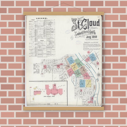 Old map wall art mockup — magnetic wood frame on brick wall — Sanborn Fire Insurance Map from Saint Cloud, Stearns, Benton, and Sherburne Counties, Minnesota (1898) - Complete Map Set