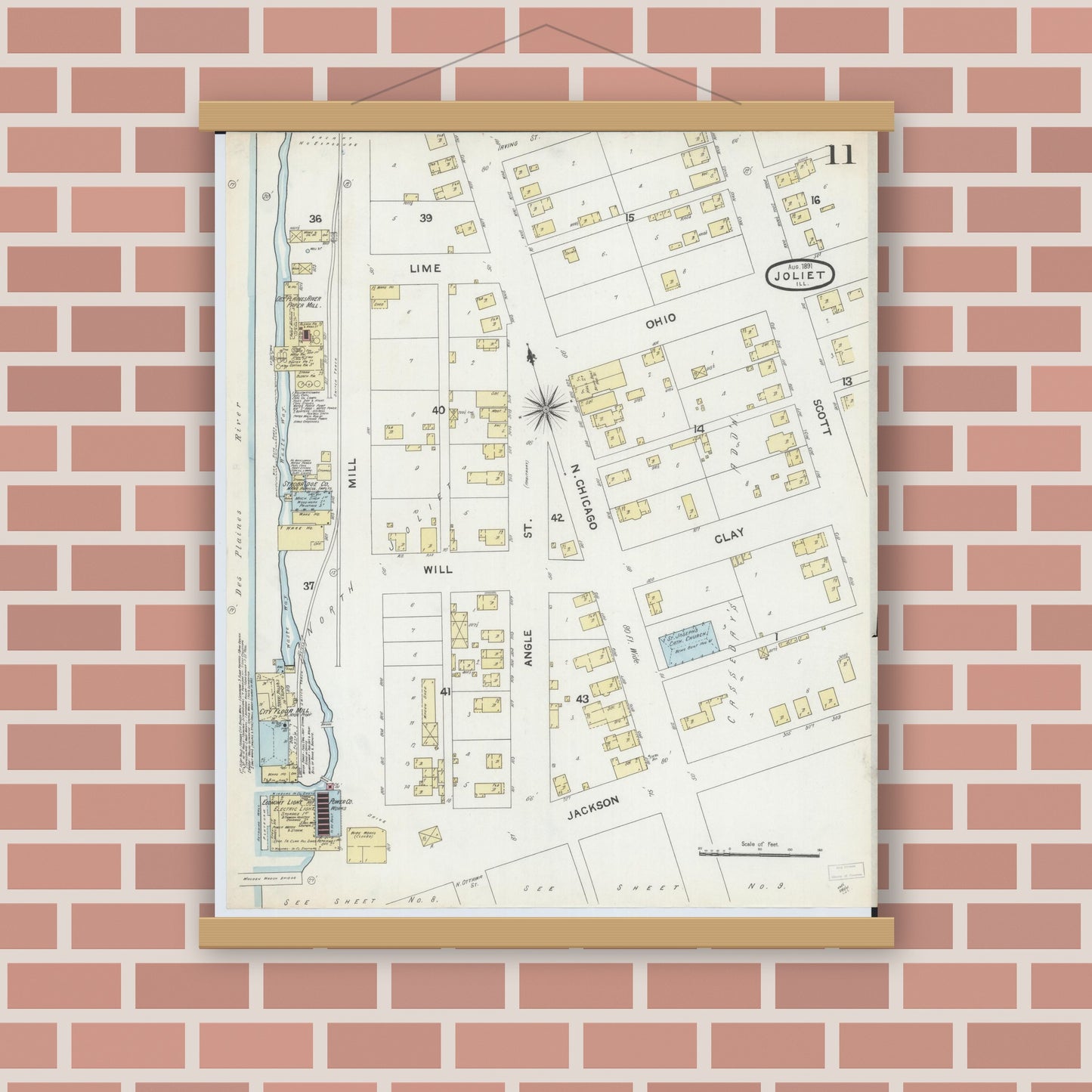 Old map wall art mockup — magnetic wood frame on brick wall — Sanborn Fire Insurance Map from Joliet, Will County, Illinois (1891), Sheet #0011