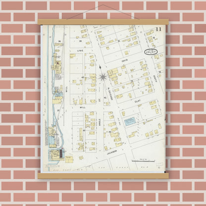 Old map wall art mockup — magnetic wood frame on brick wall — Sanborn Fire Insurance Map from Joliet, Will County, Illinois (1891), Sheet #0011
