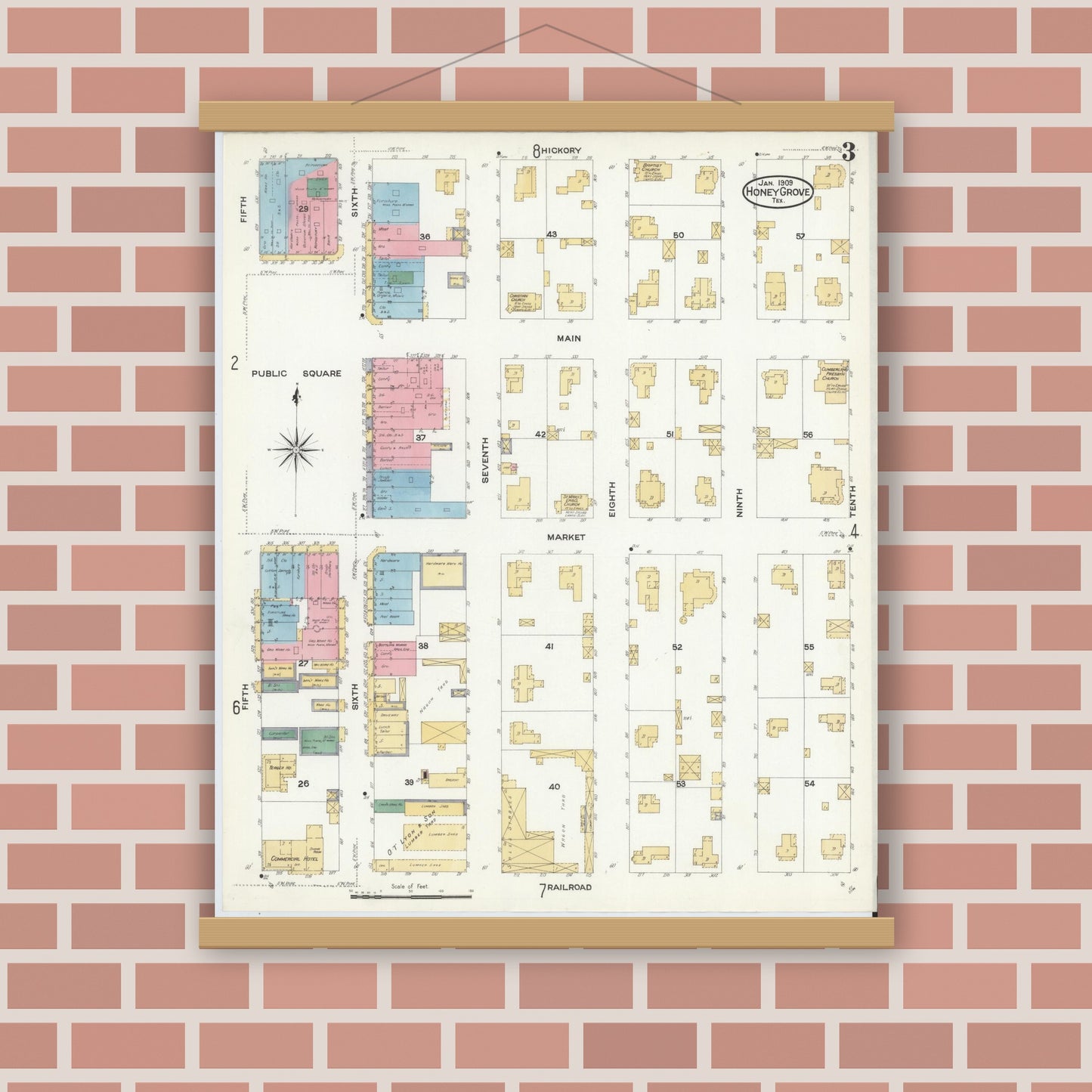 Old map wall art mockup — magnetic wood frame on brick wall — Sanborn Fire Insurance Map from Honey Grove, Fannin County, Texas (1909), Sheet #0003