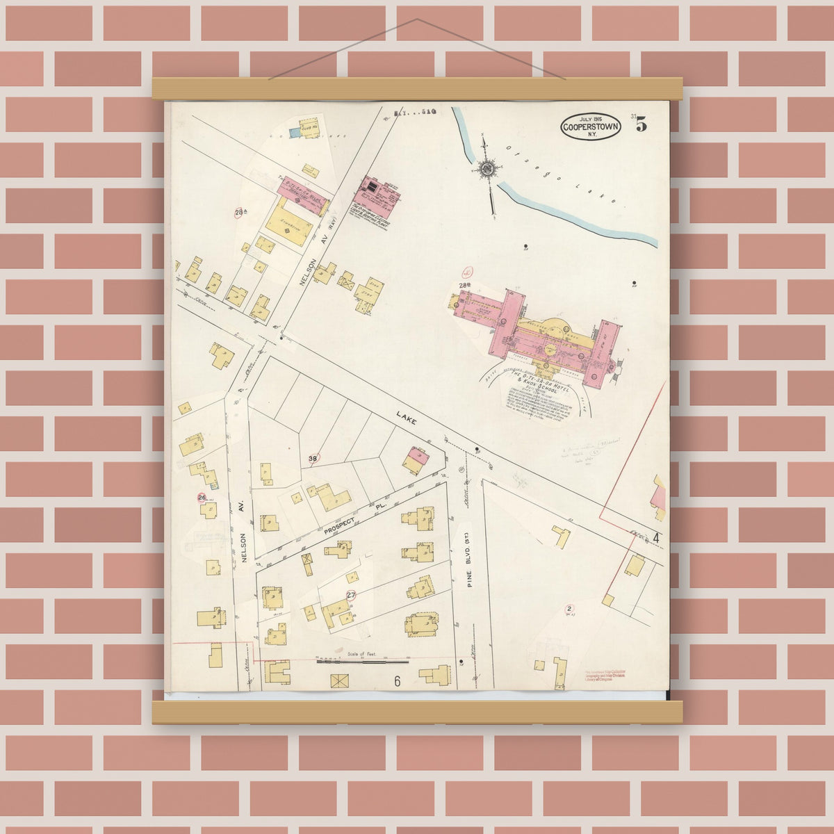 Old map wall art mockup — magnetic wood frame on brick wall — Sanborn Fire Insurance Map from Cooperstown, Otsego County, New York (1949), Sheet #0005