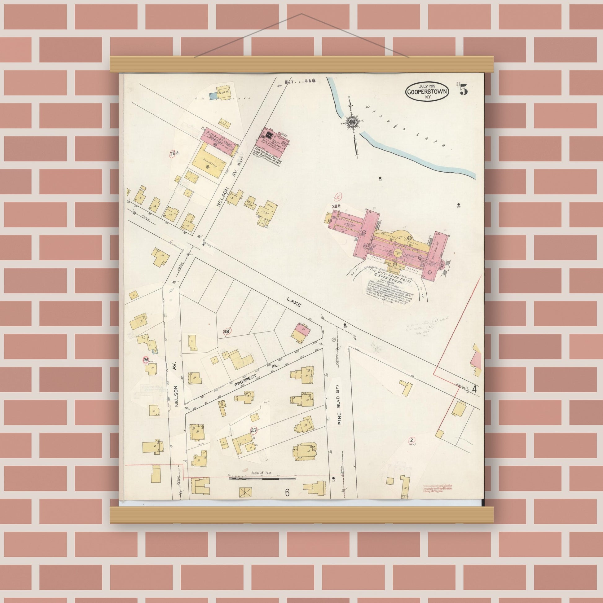 Old map wall art mockup — magnetic wood frame on brick wall — Sanborn Fire Insurance Map from Cooperstown, Otsego County, New York (1949), Sheet #0005