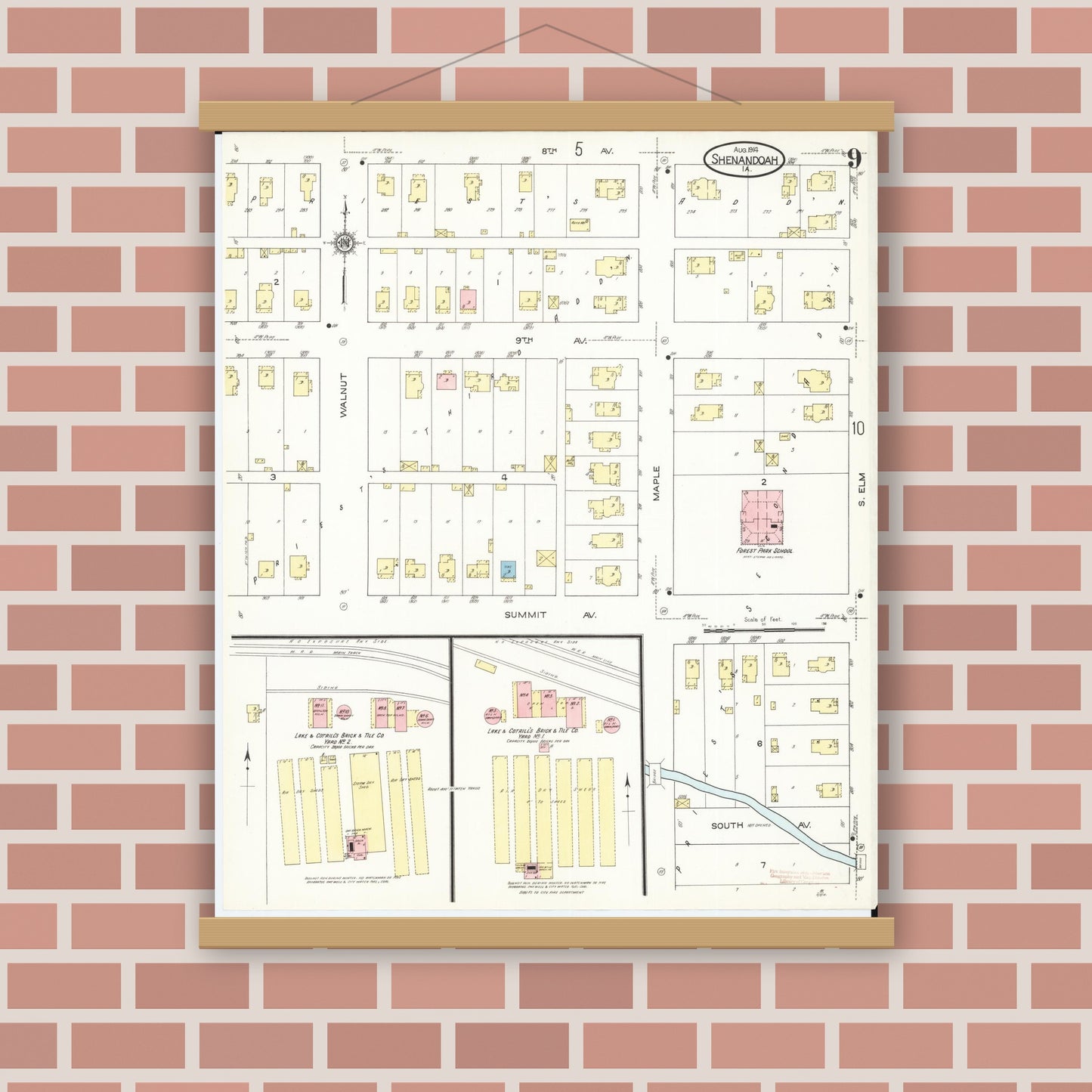 Old map wall art mockup — magnetic wood frame on brick wall — Sanborn Fire Insurance Map from Shenandoah, Page County, Iowa (1914), Sheet #0009