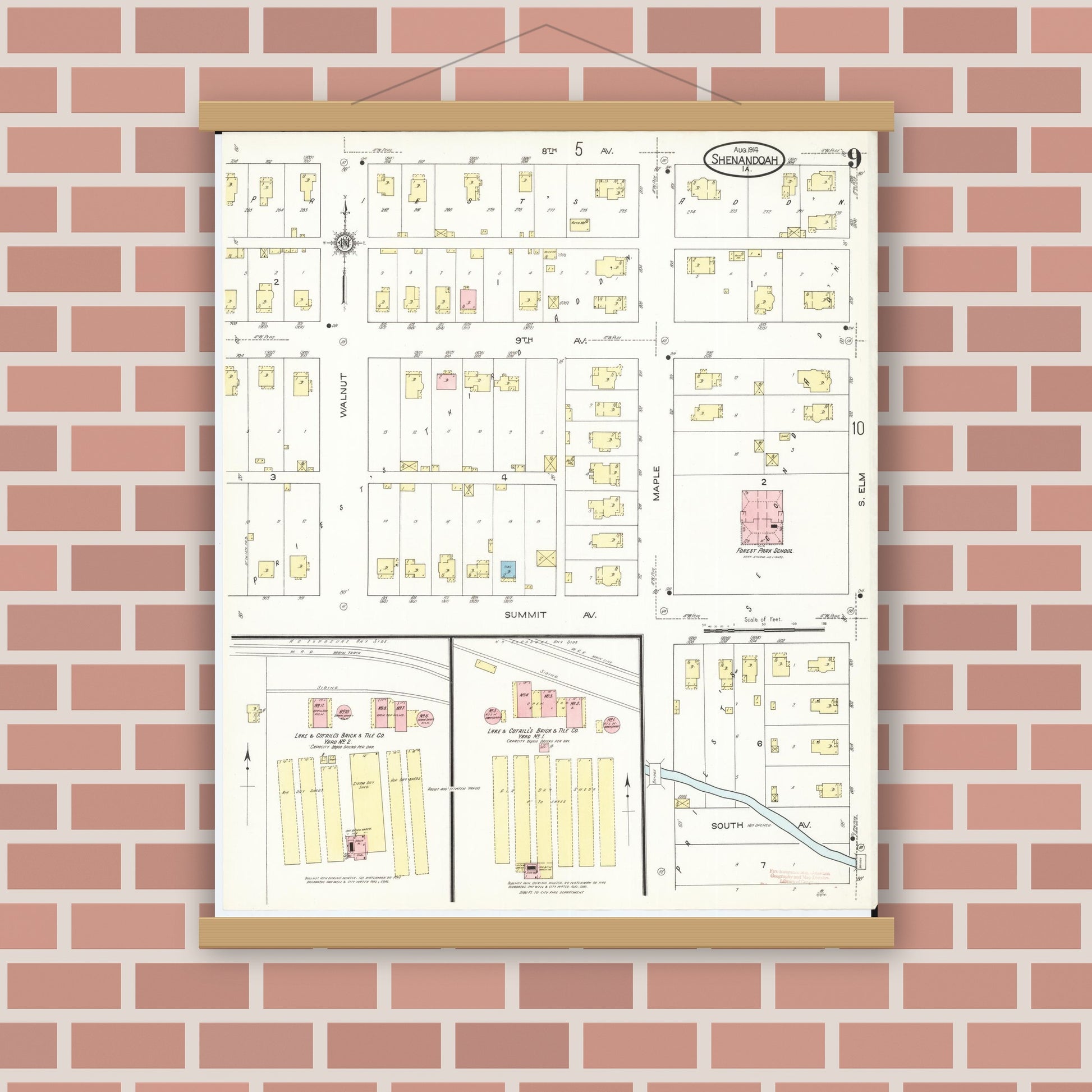 Old map wall art mockup — magnetic wood frame on brick wall — Sanborn Fire Insurance Map from Shenandoah, Page County, Iowa (1914), Sheet #0009