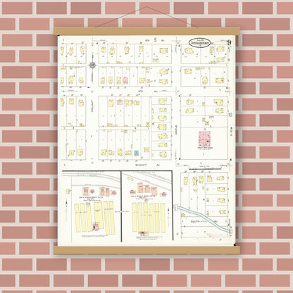 Old map wall art mockup — magnetic wood frame on brick wall — Sanborn Fire Insurance Map from Shenandoah, Page County, Iowa (1914), Sheet #0009