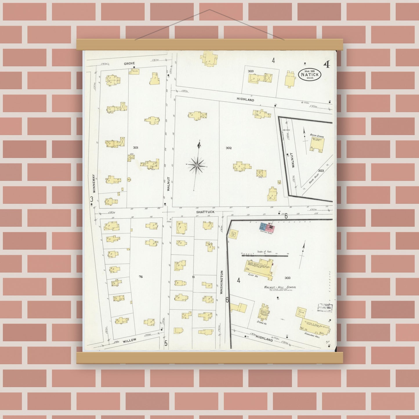 Old map wall art mockup — magnetic wood frame on brick wall — Sanborn Fire Insurance Map from Natick, Middlesex County, Massachusetts (1909), Sheet #0004