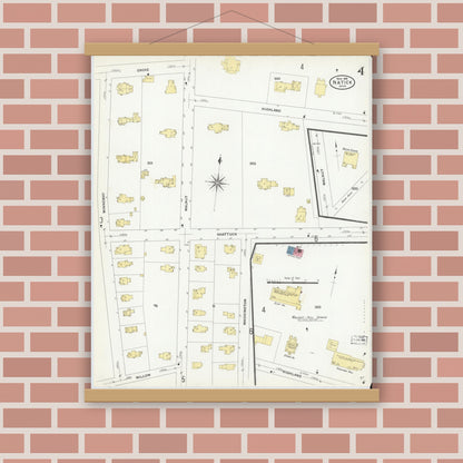 Old map wall art mockup — magnetic wood frame on brick wall — Sanborn Fire Insurance Map from Natick, Middlesex County, Massachusetts (1909), Sheet #0004