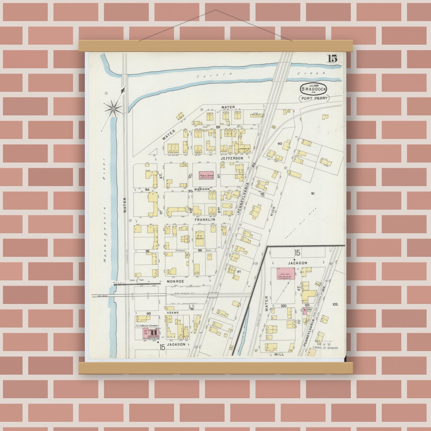 Old map wall art mockup — magnetic wood frame on brick wall — Sanborn Fire Insurance Map from Braddock, Allegheny County, Pennsylvania (1896), Sheet #0015