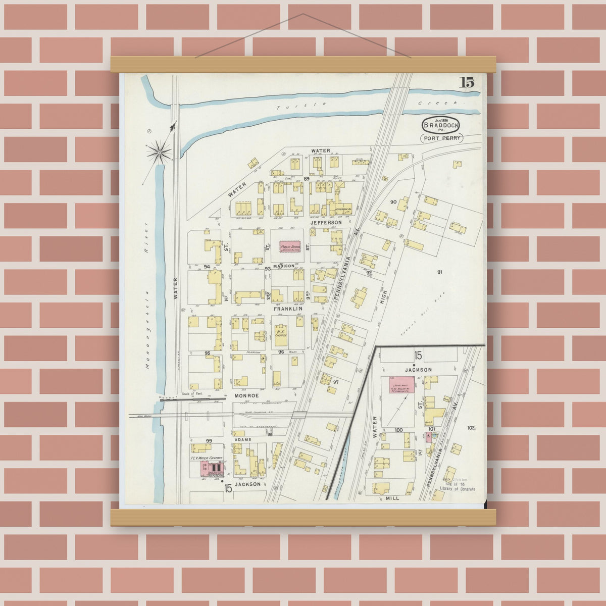 Old map wall art mockup — magnetic wood frame on brick wall — Sanborn Fire Insurance Map from Braddock, Allegheny County, Pennsylvania (1896), Sheet #0015