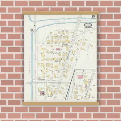 Old map wall art mockup — magnetic wood frame on brick wall — Sanborn Fire Insurance Map from Braddock, Allegheny County, Pennsylvania (1896), Sheet #0015