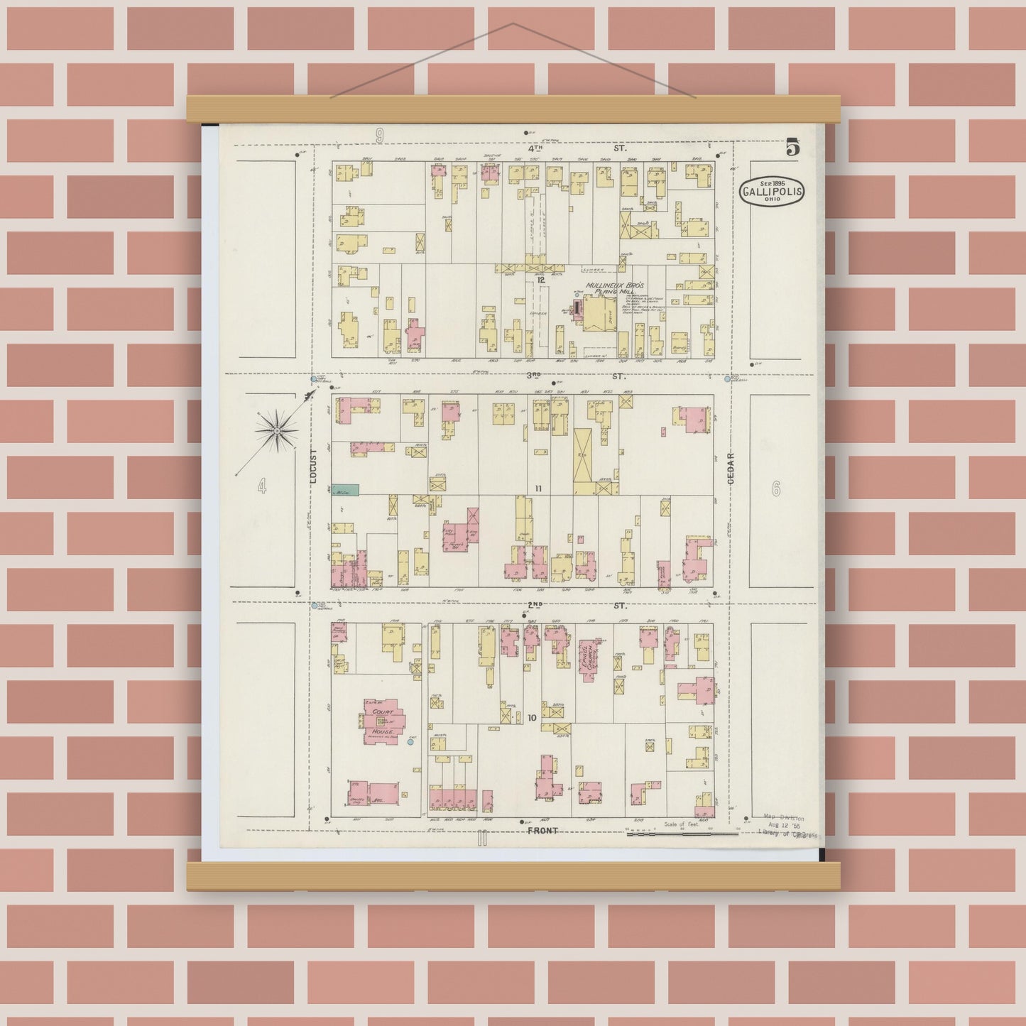 Old map wall art mockup — magnetic wood frame on brick wall — Sanborn Fire Insurance Map from Gallipolis, Gallia County, Ohio (1895), Sheet #0005