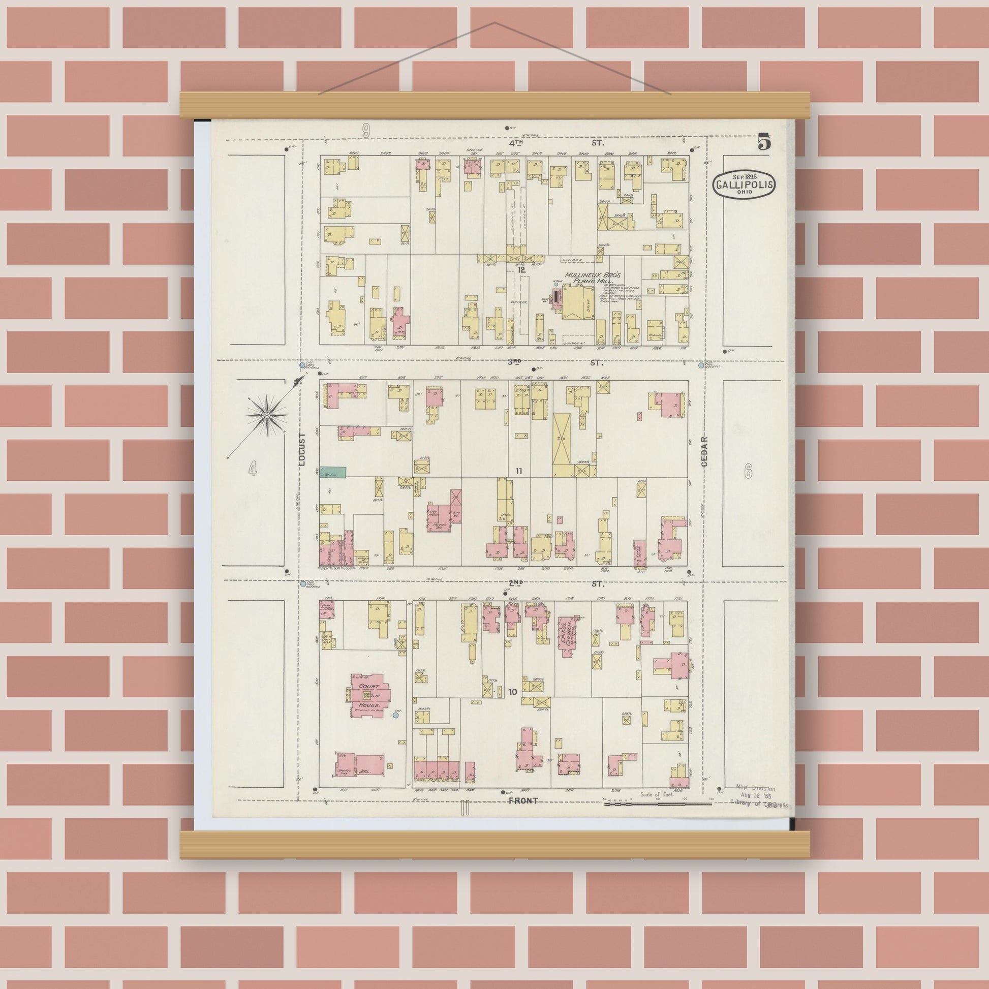 Old map wall art mockup — magnetic wood frame on brick wall — Sanborn Fire Insurance Map from Gallipolis, Gallia County, Ohio (1895), Sheet #0005
