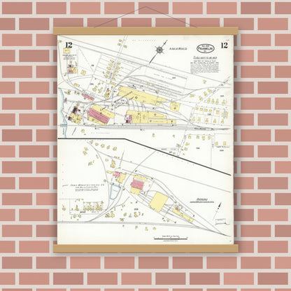 Old map wall art mockup — magnetic wood frame on brick wall — Sanborn Fire Insurance Map from Franklin, Independent Cities, Virginia (1923), Sheet #0012