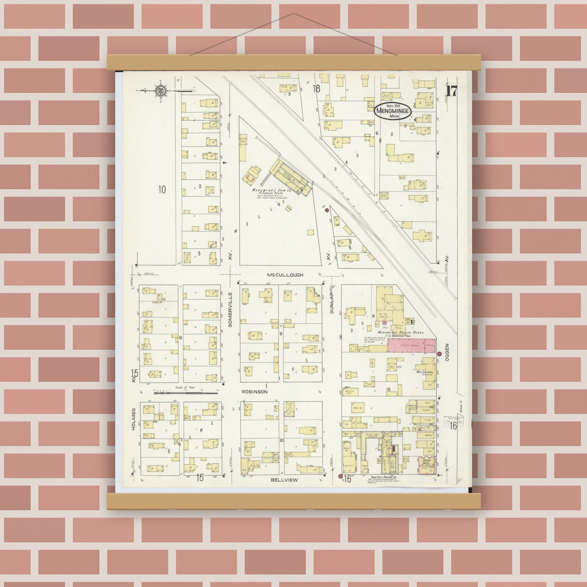 Old map wall art mockup — magnetic wood frame on brick wall — Sanborn Fire Insurance Map from Menominee, Menominee County, Michigan (1913), Sheet #0017