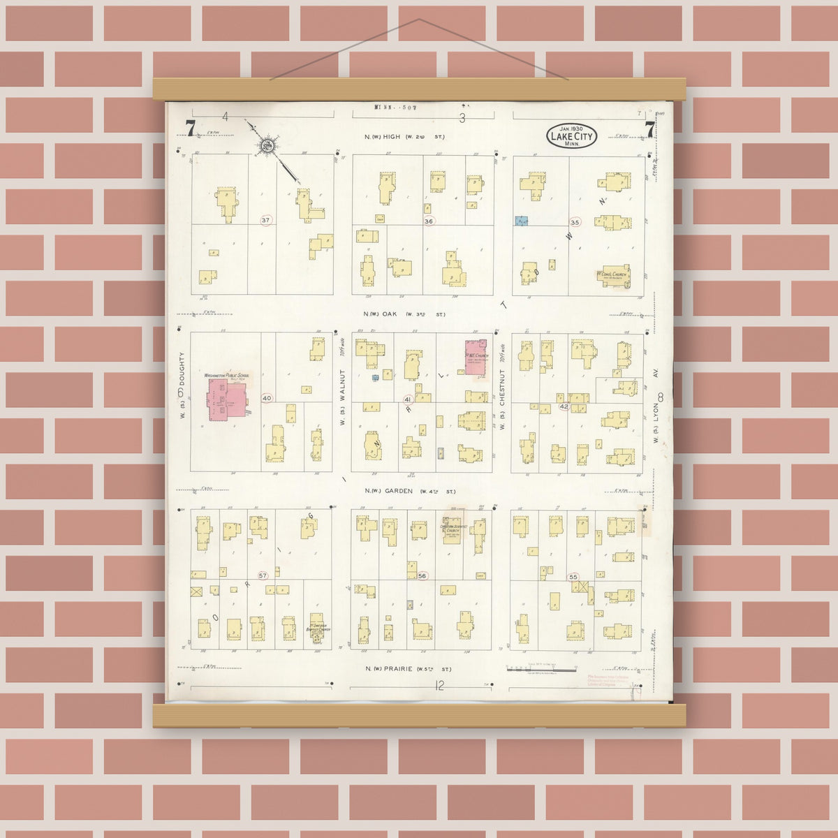 Old map wall art mockup — magnetic wood frame on brick wall — Sanborn Fire Insurance Map from Lake City, Wabasha County, Minnesota (1938), Sheet #0007