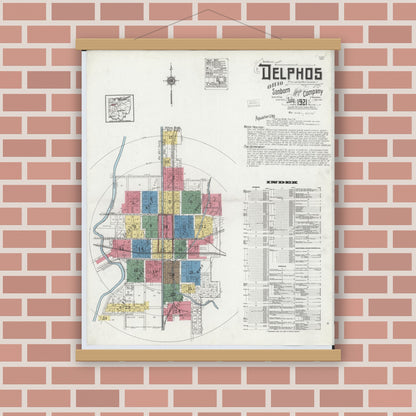 Old map wall art mockup — magnetic wood frame on brick wall — Sanborn Fire Insurance Map from Delphos, Van Wert And Allen Counties, Ohio (1921), Sheet #0001