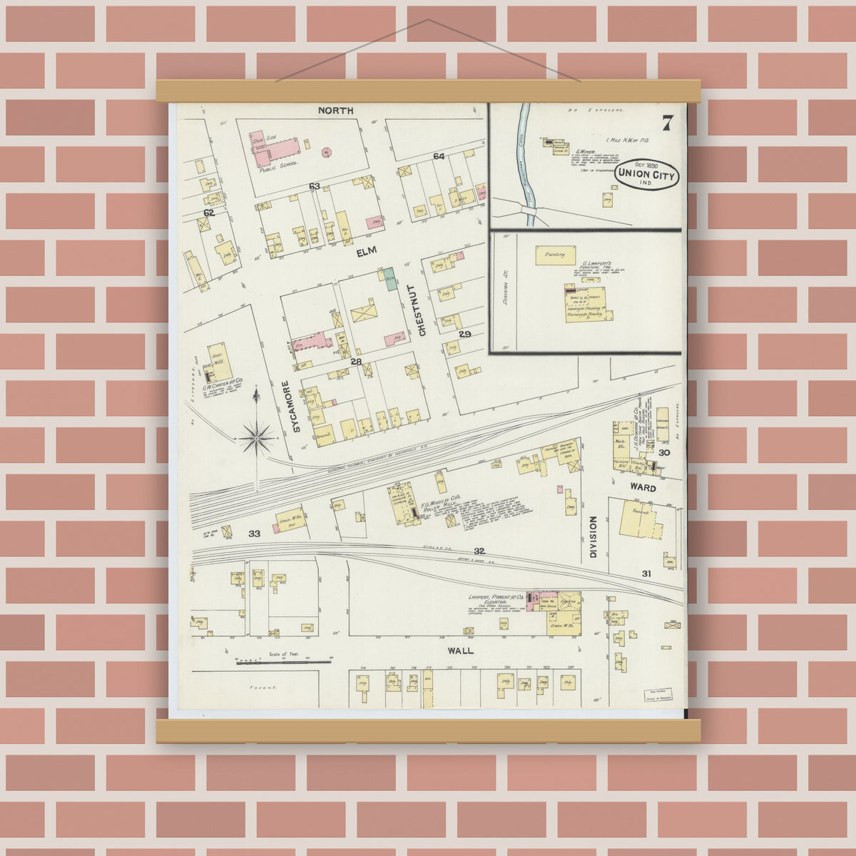 Old map wall art mockup — magnetic wood frame on brick wall — Sanborn Fire Insurance Map from Union City, Randolph County, Indiana (1890), Sheet #0007