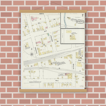 Old map wall art mockup — magnetic wood frame on brick wall — Sanborn Fire Insurance Map from Union City, Randolph County, Indiana (1890), Sheet #0007