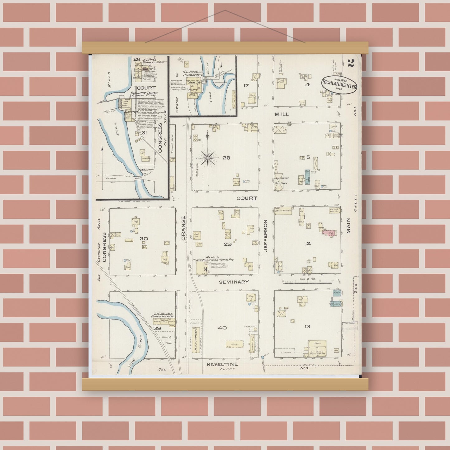 Old map wall art mockup — magnetic wood frame on brick wall — Sanborn Fire Insurance Map from Richland Center, Richland County, Wisconsin (1883), Sheet #0002