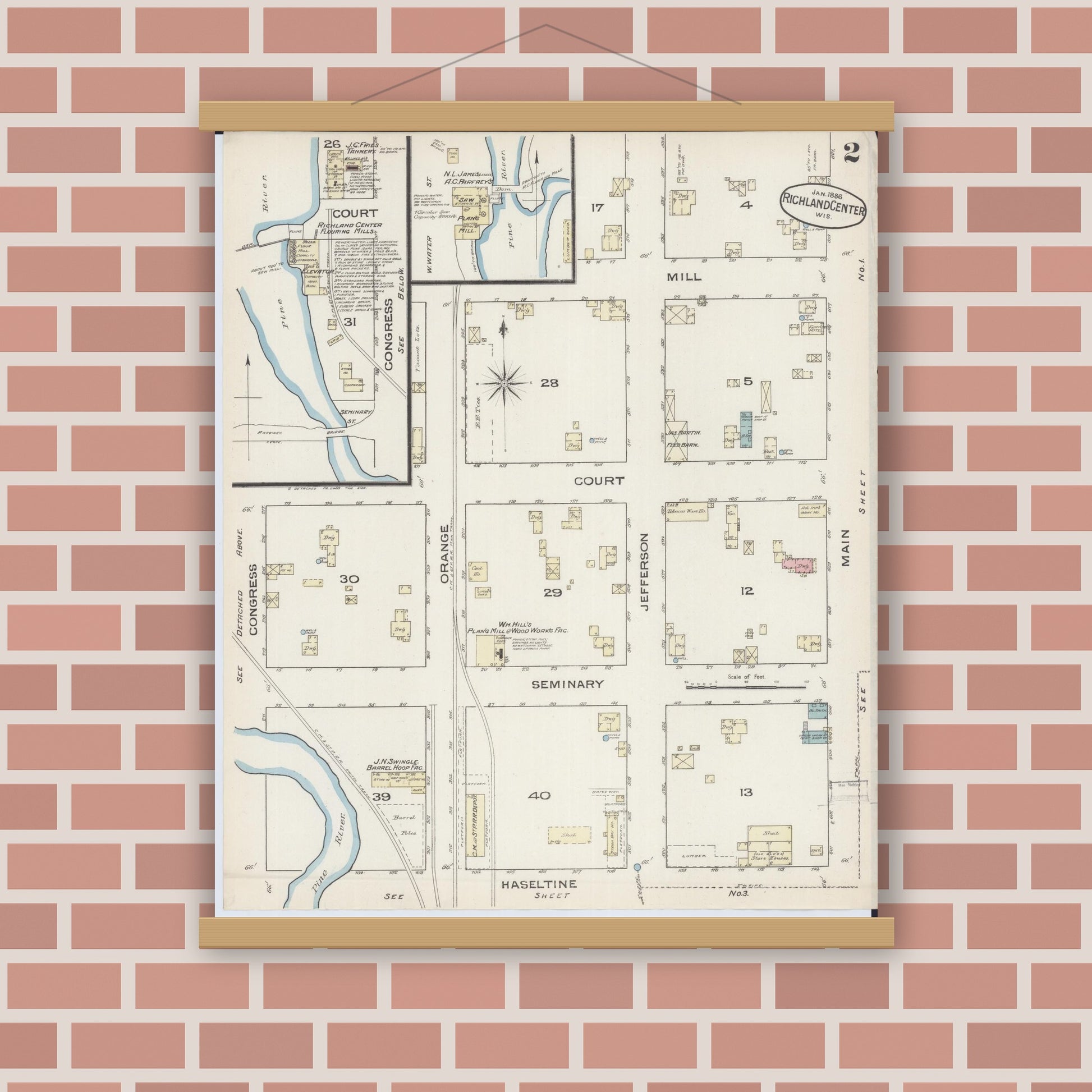 Old map wall art mockup — magnetic wood frame on brick wall — Sanborn Fire Insurance Map from Richland Center, Richland County, Wisconsin (1883), Sheet #0002
