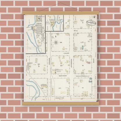 Old map wall art mockup — magnetic wood frame on brick wall — Sanborn Fire Insurance Map from Richland Center, Richland County, Wisconsin (1883), Sheet #0002