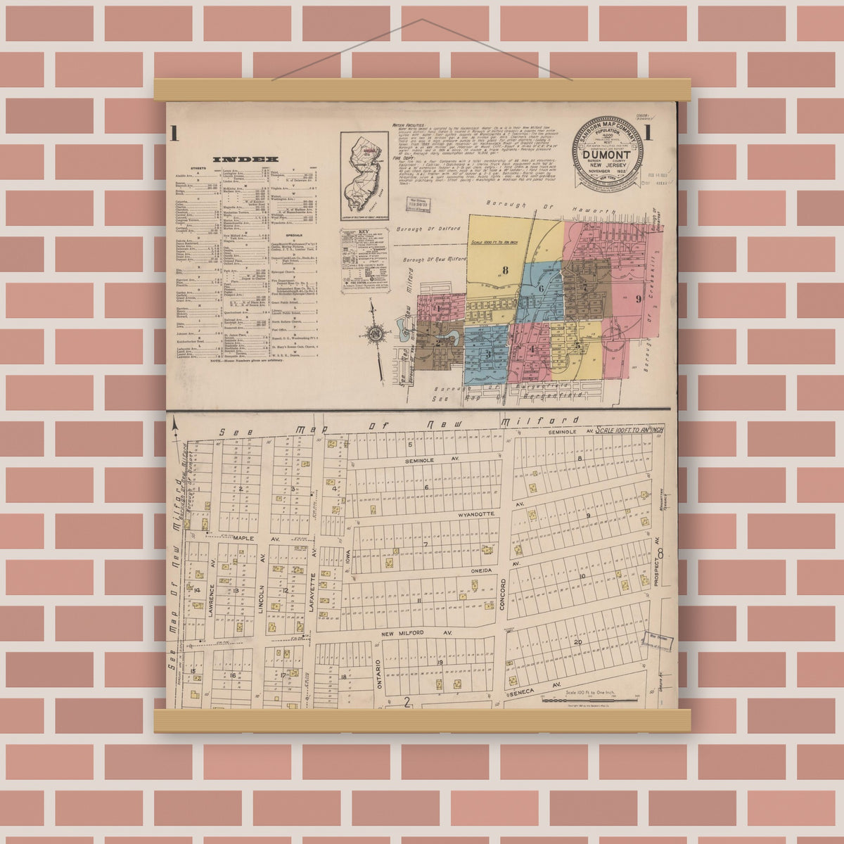 Old map wall art mockup — magnetic wood frame on brick wall — Sanborn Fire Insurance Map from Dumont, Bergen County, New Jersey (1922) - Complete Map Set