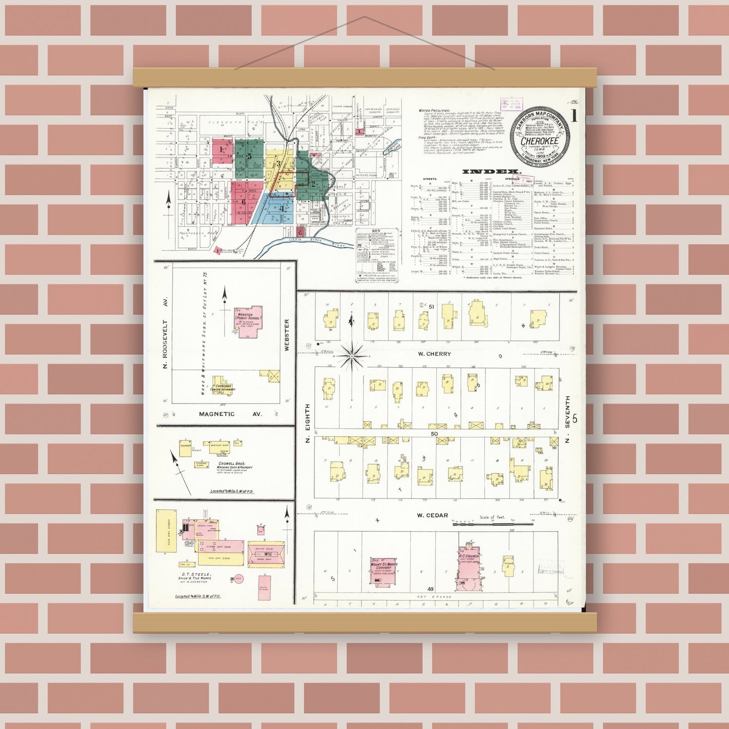 Old map wall art mockup — magnetic wood frame on brick wall — Sanborn Fire Insurance Map from Cherokee, Cherokee County, Iowa (1909), Sheet #0001