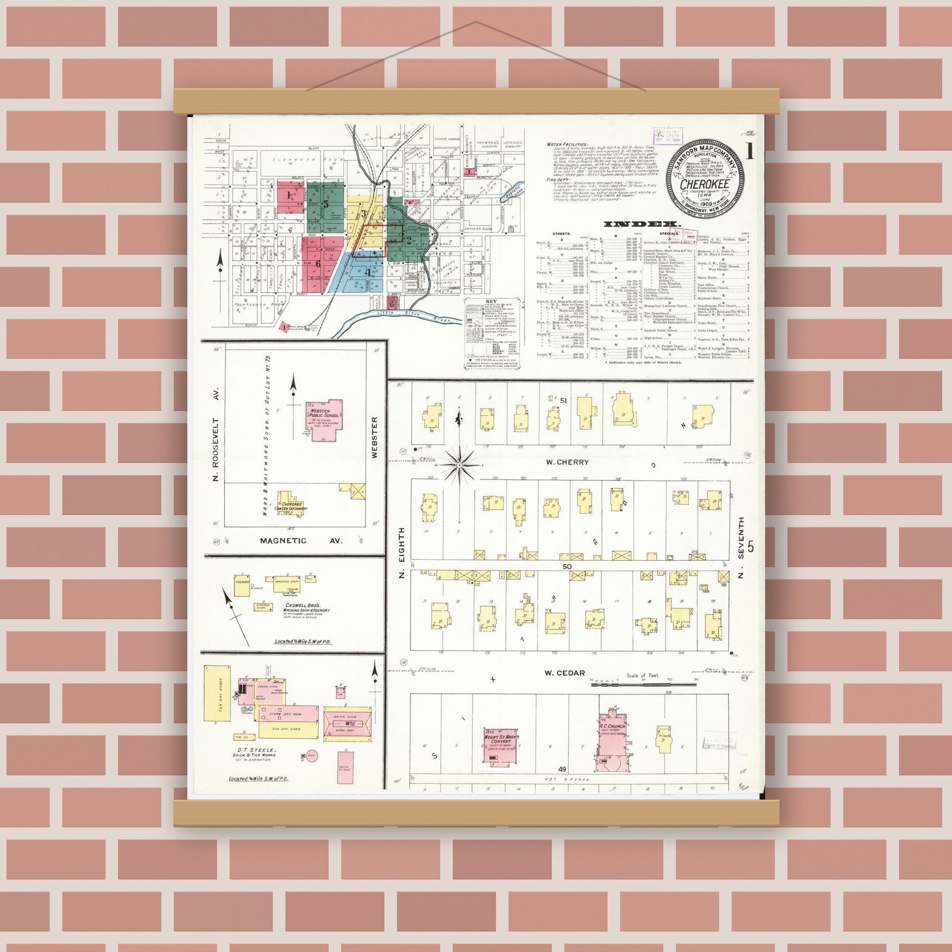 Old map wall art mockup — magnetic wood frame on brick wall — Sanborn Fire Insurance Map from Cherokee, Cherokee County, Iowa (1909), Sheet #0001