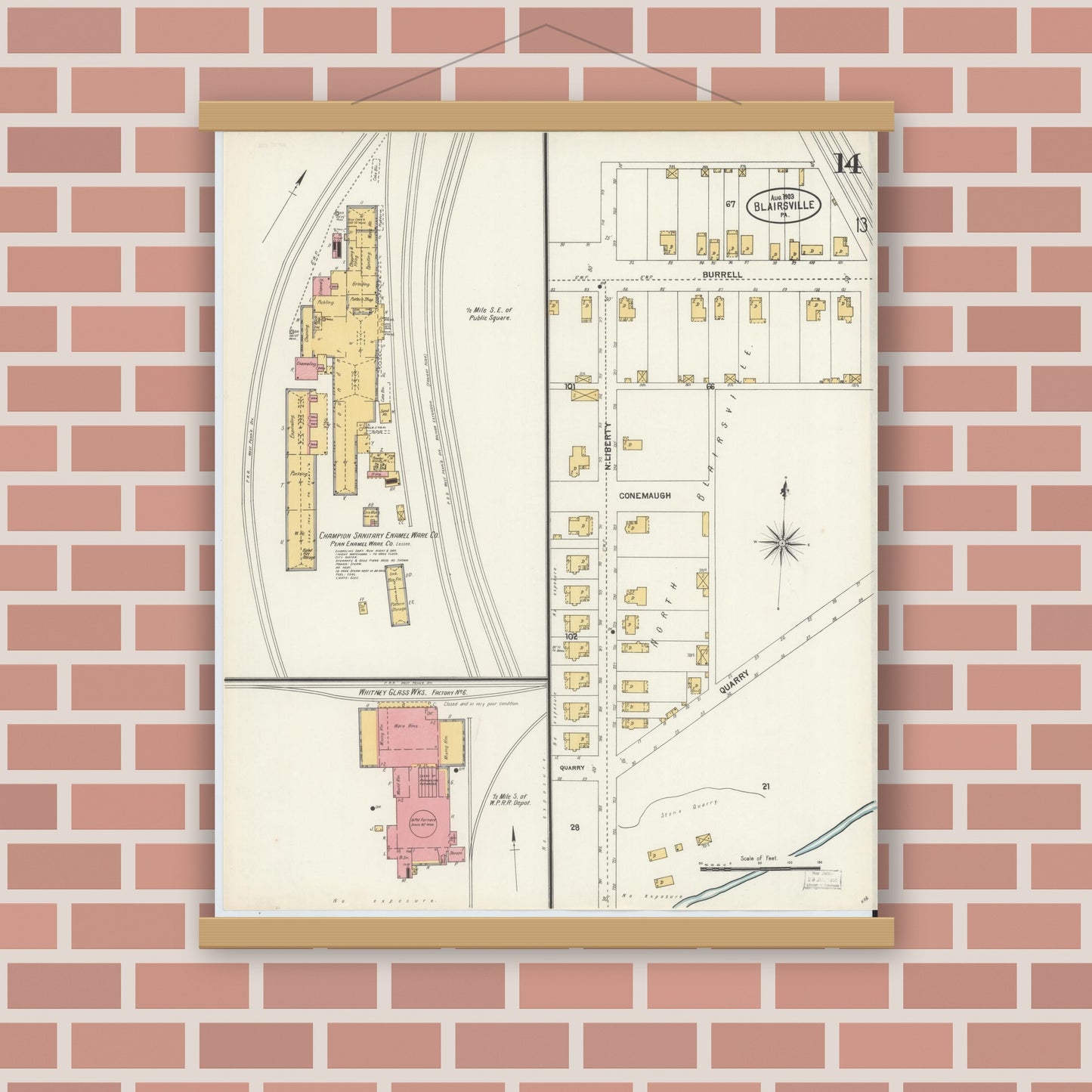 Old map wall art mockup — magnetic wood frame on brick wall — Sanborn Fire Insurance Map from Blairsville, Indiana County, Pennsylvania (1903), Sheet #0014