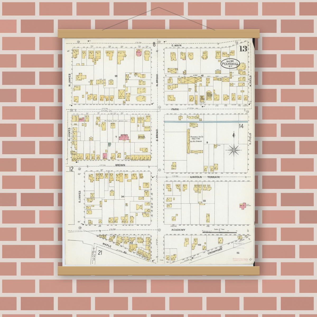 Old map wall art mockup — magnetic wood frame on brick wall — Sanborn Fire Insurance Map from Peekskill, Westchester County, New York (1905), Sheet #0013