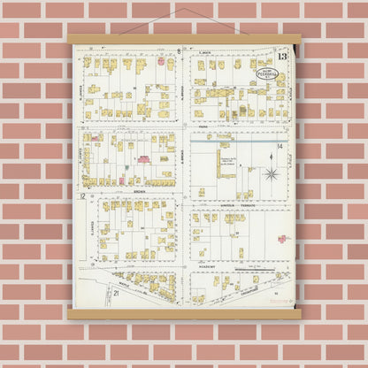 Old map wall art mockup — magnetic wood frame on brick wall — Sanborn Fire Insurance Map from Peekskill, Westchester County, New York (1905), Sheet #0013