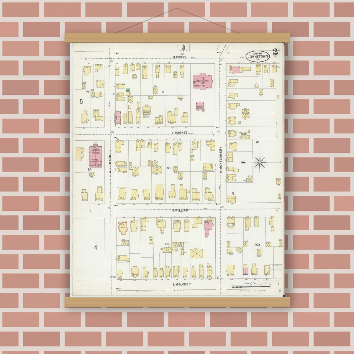 Old map wall art mockup — magnetic wood frame on brick wall — Sanborn Fire Insurance Map from Johnstown, Fulton County, New York (1897) - Complete Map Set